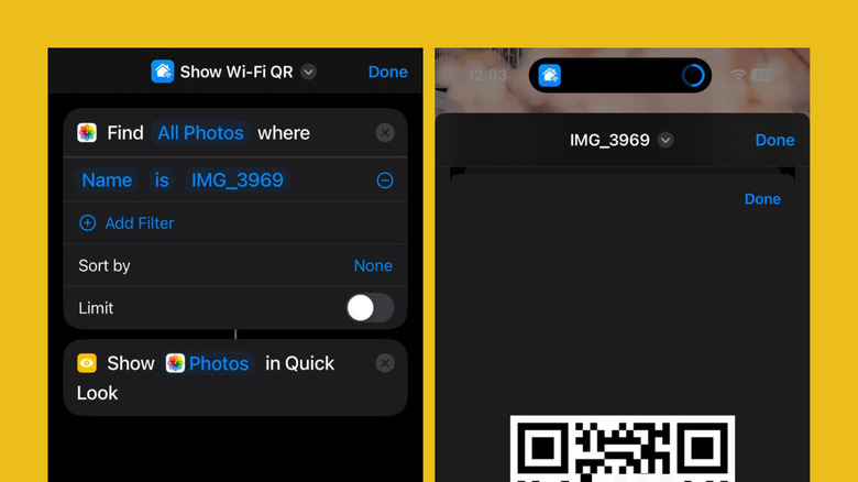 iPhone shortcut showing QR code Wi-Fi and shortcut in action