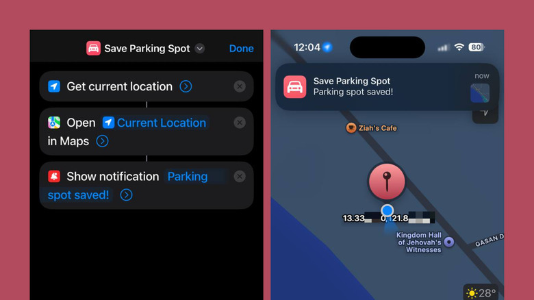 Save parking spot shorcut on iPhone and showing saved spot on Apple Maps