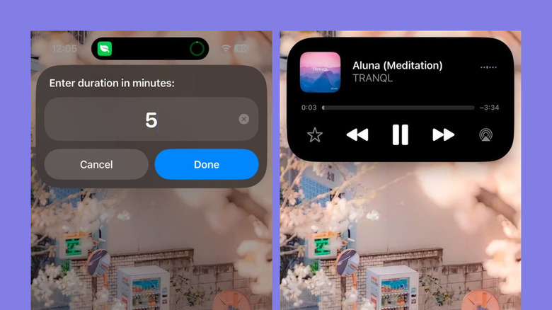 Meditation shortcut on iPhone showing duration prompt and meditation music playing