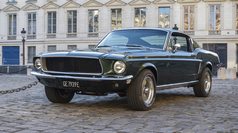 A black Bullitt-style 1968 Ford Mustang