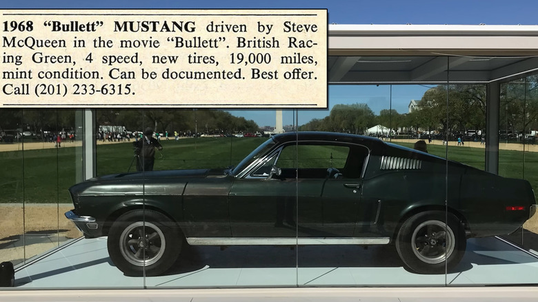 A classified ad for the Bullitt Mustang, inset into a photo of the car behind glass on the Mall in Washington, D.C.