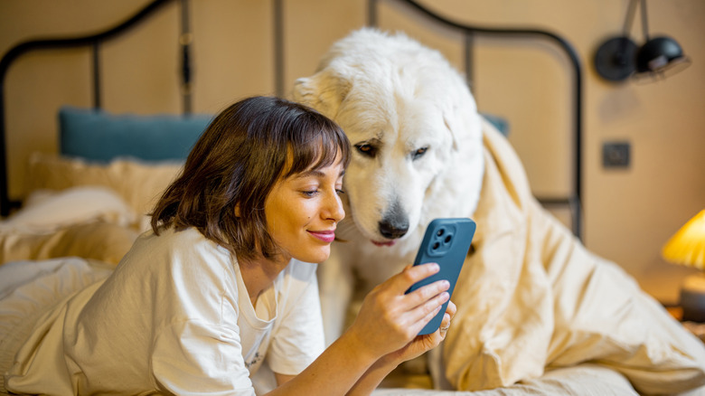 woman with dog on a bed