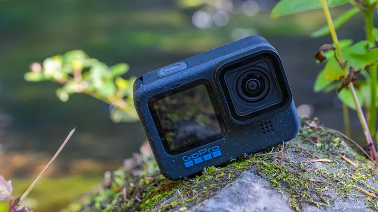 GoPro camera on rock