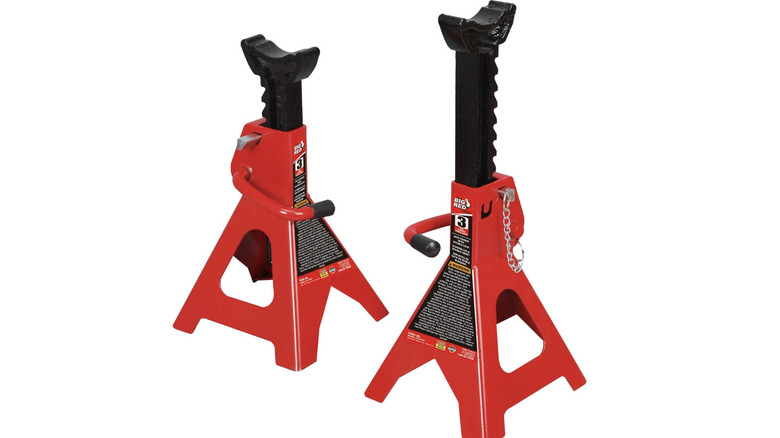 Torin Big Red Jack Stand pair fully raised against white background