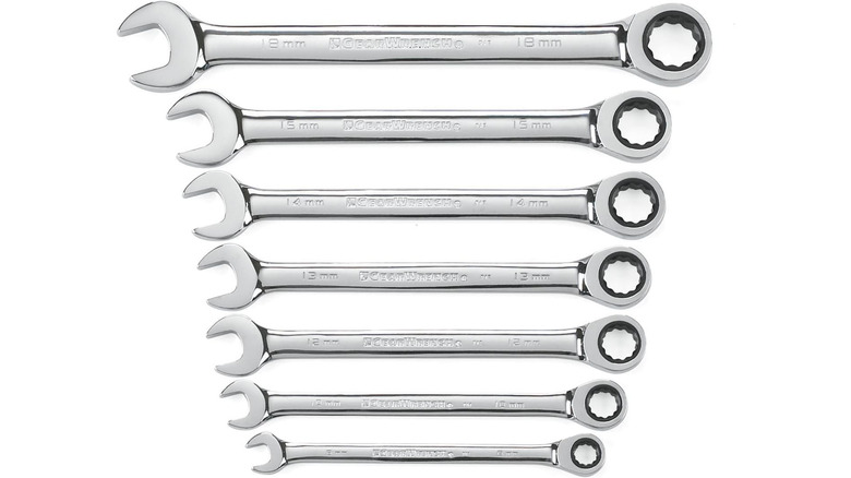 Gearwrench seven-piece ratcheting wrench set on white background