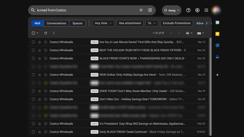 Gmail read Costco marketing emails search