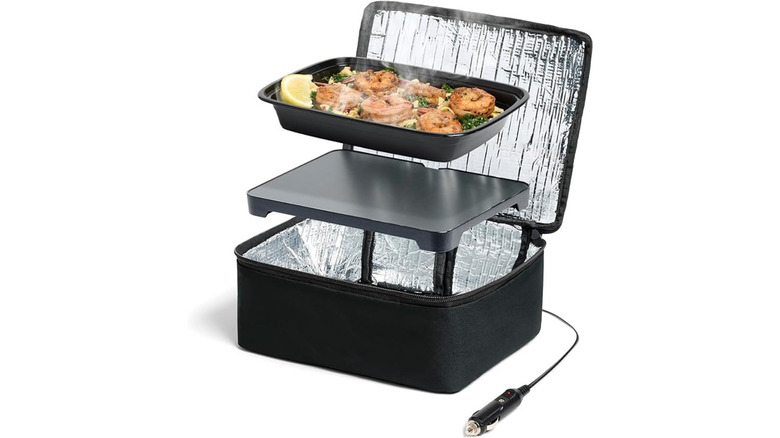 An electric lunch box with a white background