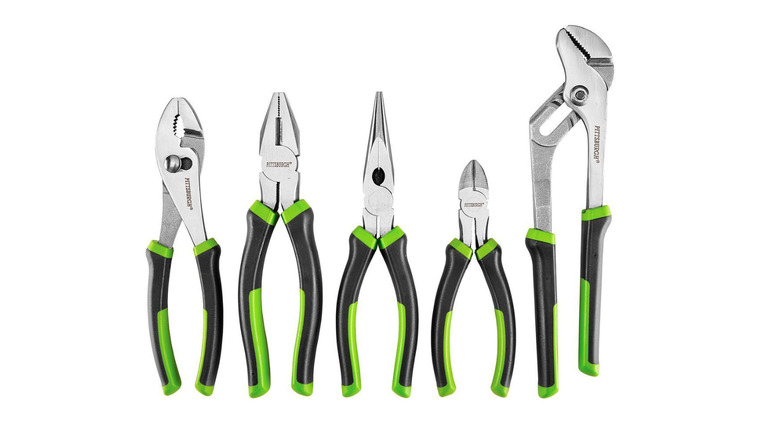 A set of five pliers with a white background