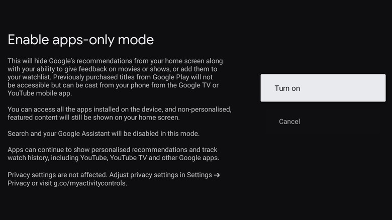 Enable apps-only mode menu in Google TV