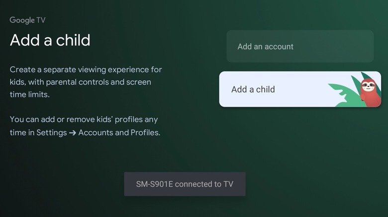 Google TV showing Add a child profile option