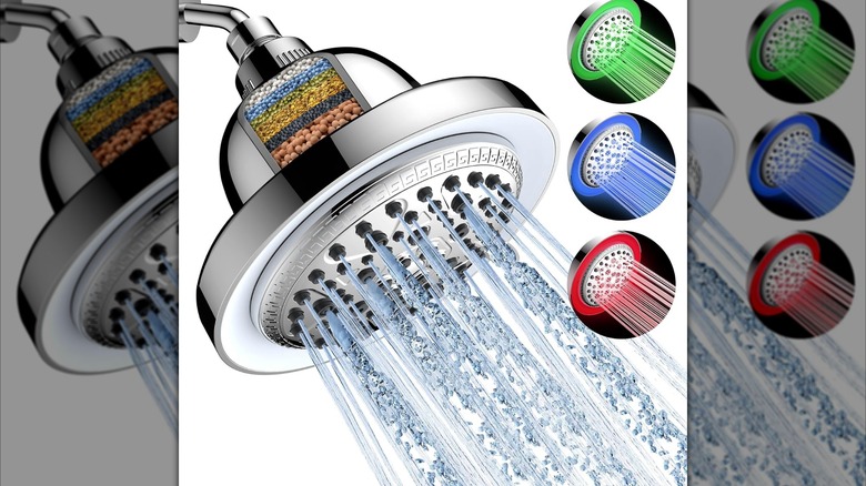 A Feelso shower head promotional image showing the filtration layers and different lighting colors