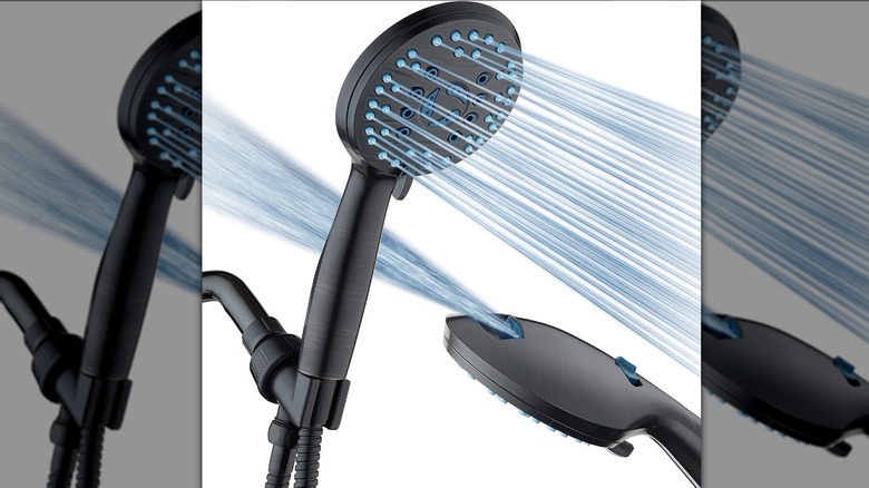 A HotelSpa AquaCare shower head promotional image showing a spray mode and power washing jet mode