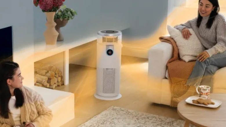 Shark Air Purifier Max 3-in-1 on floor between sofas