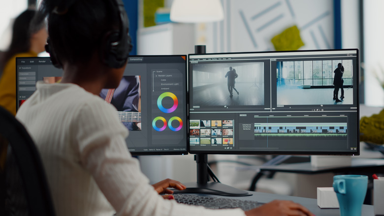 Woman editing video at desk