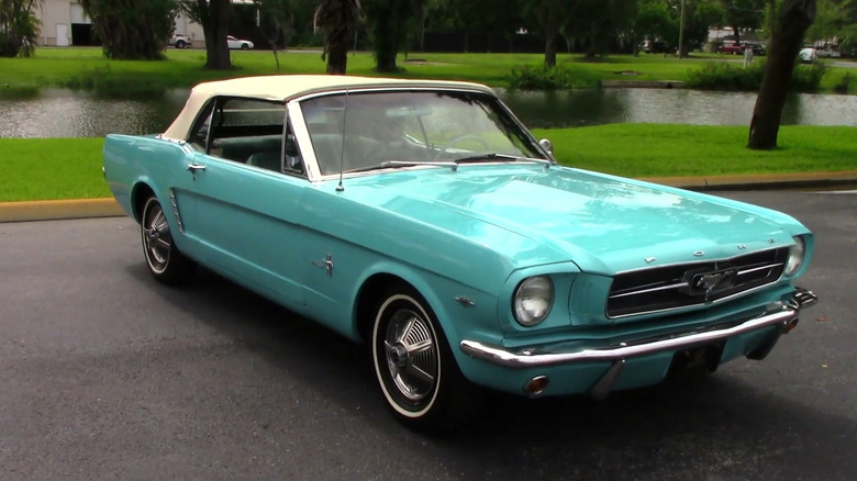 Pagoda green Mustang parked in front of water