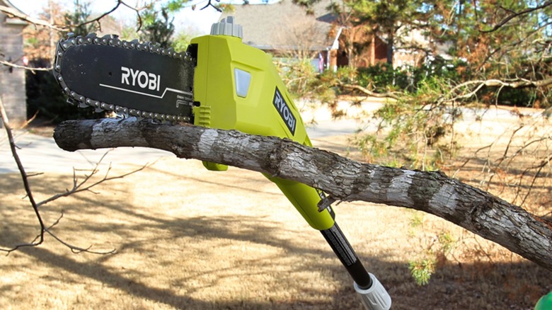 Ryobi 40v pole saw cutting branch on tree