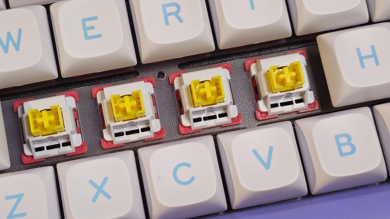 Close-up of Epomaker x LeoBog Hi75 mechanical keyboard with keycaps removed