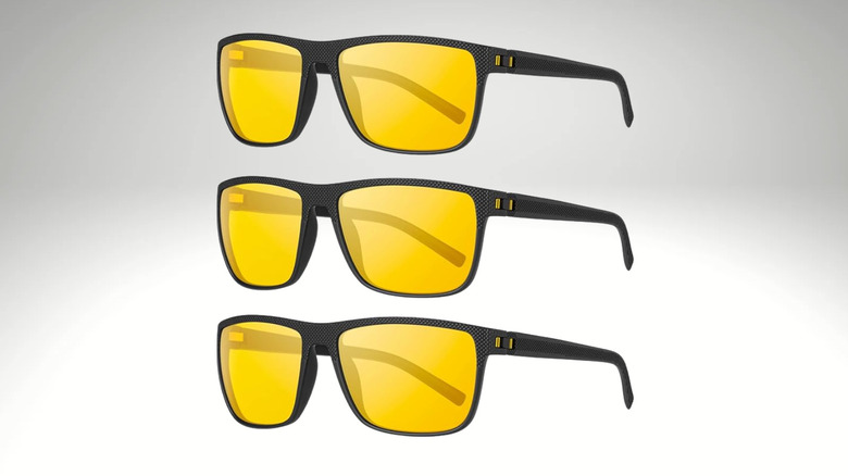 Three identical images of yellow Kaliyadi glasses taken from the Amazon web page