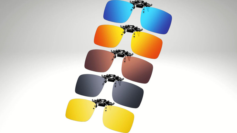 Five pairs of Frienda clip-on glasses in blue, yellow, brown, black, and orange