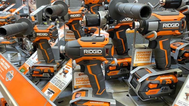 A selection of Ridgid tools inside a home depot