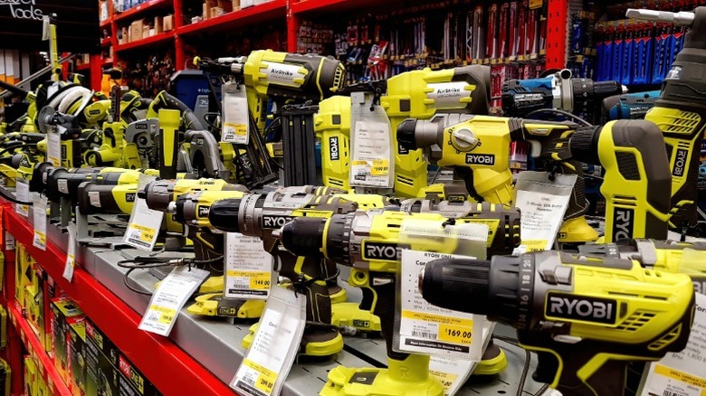 A Ryobi power tool display