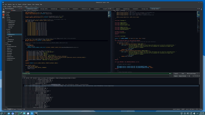 Kate editor in dark theme with split panes, multiple tabs of code, and search function activated.