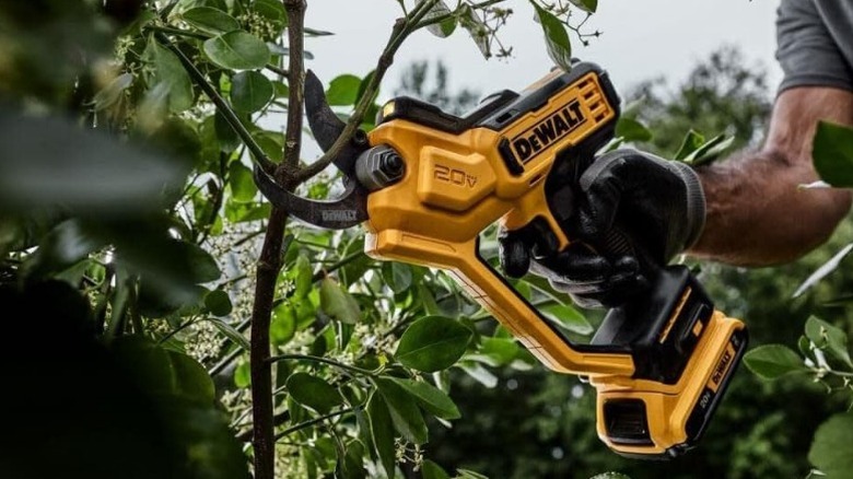 Person using DeWalt 20V Max Pruning Shears on branch