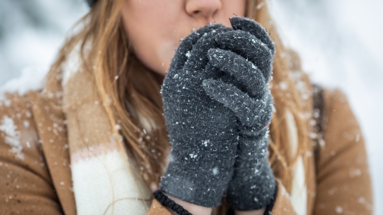 Person in snow with gloved hands