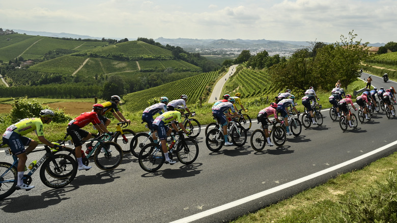 many cyclists on country road