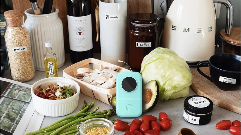 Phomemo label printer with labelled kitchen items