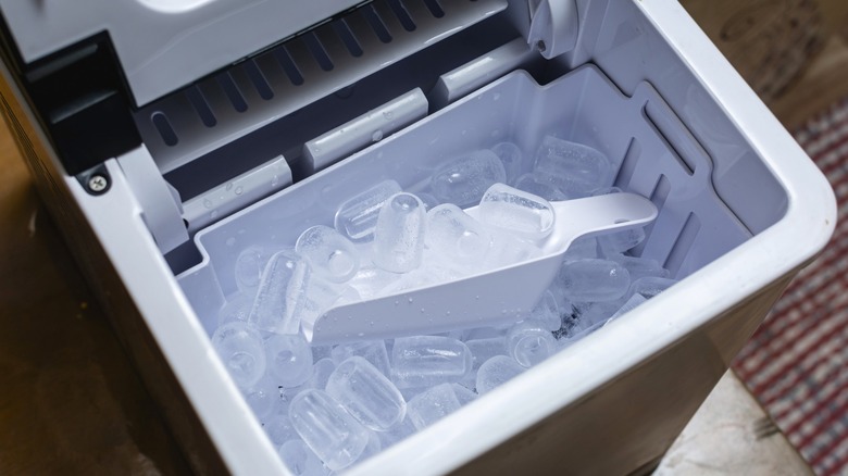 Portable ice maker interior with bullet ice