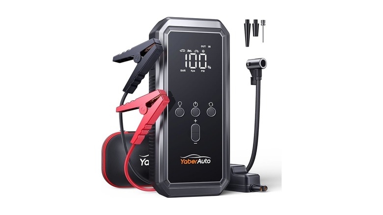 A YaberAuto portable car jump starter and tire inflator on white background