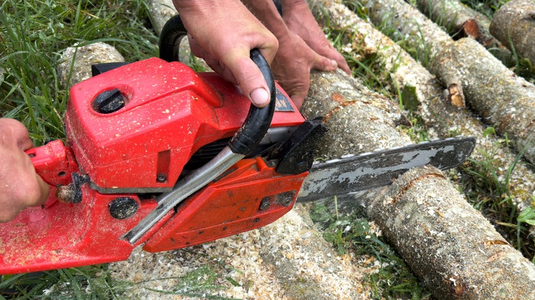 red chainsaw cutting a small log 