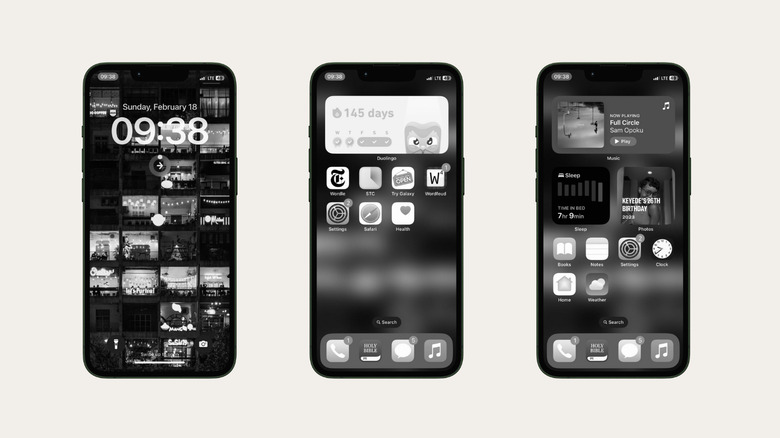 screenshots of grayscale iPhone homescreen