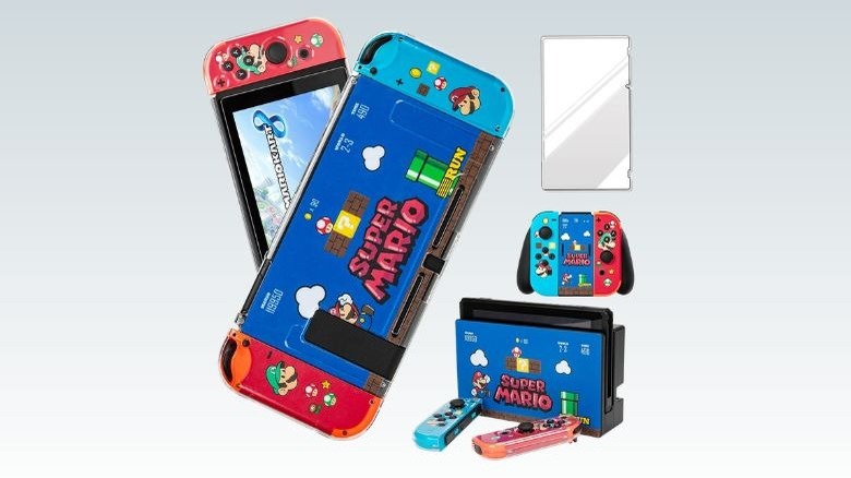 Nintendo Switch and docking station with retro Super Mario Bros. skin