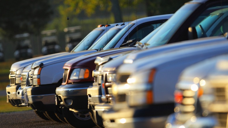 A line of nondescript pickup trucks.