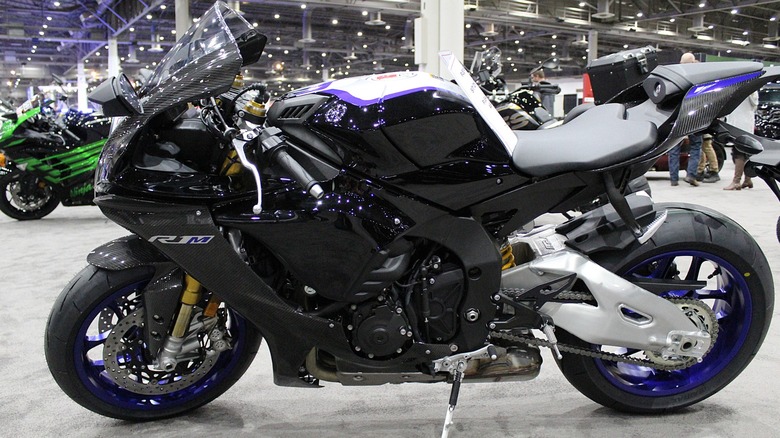 A YZF-R1M bike on display