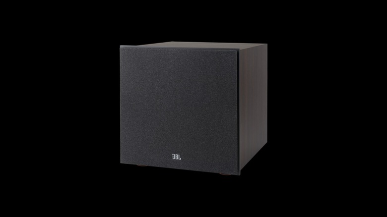 A jbl stage 200p 10-inch subwoofer on a black background