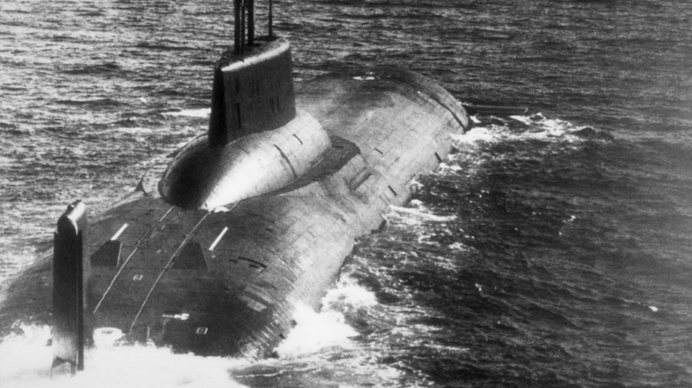 A semi-submerged Typhoon-class submarine