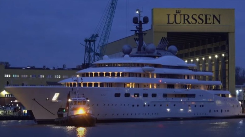 Blue yacht at Lurssen yard