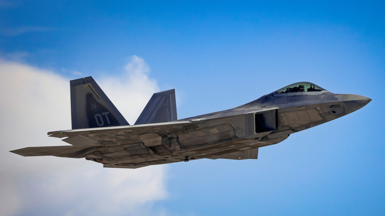 Side view of F-22 Raptor fighter jet flying