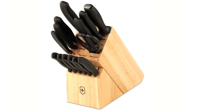 Victorinox knife set displayed in wood block case