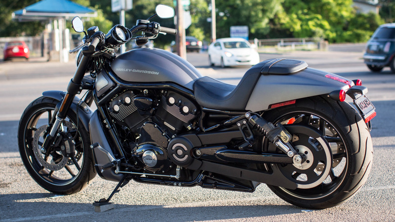 A V-Rod Night Special bike parked across the street