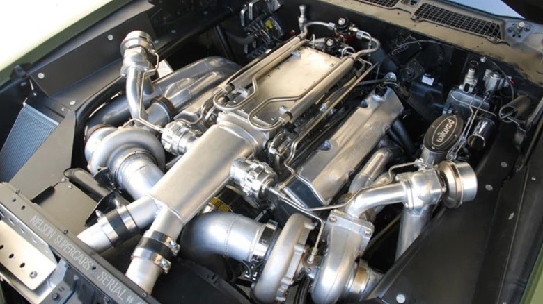 The twin turbo 406 cubic inch Chevy small block in the F-Bomb Camaro