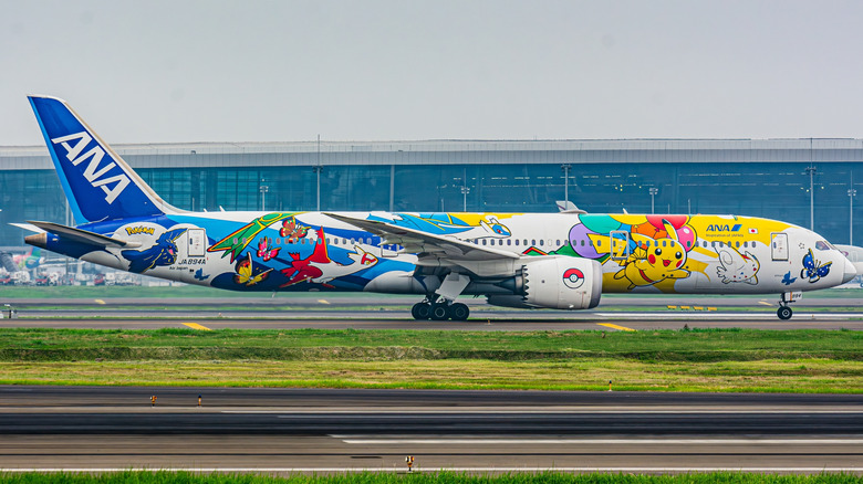 The All Nippon Airways Pikachu Pokémon jet on a runway.