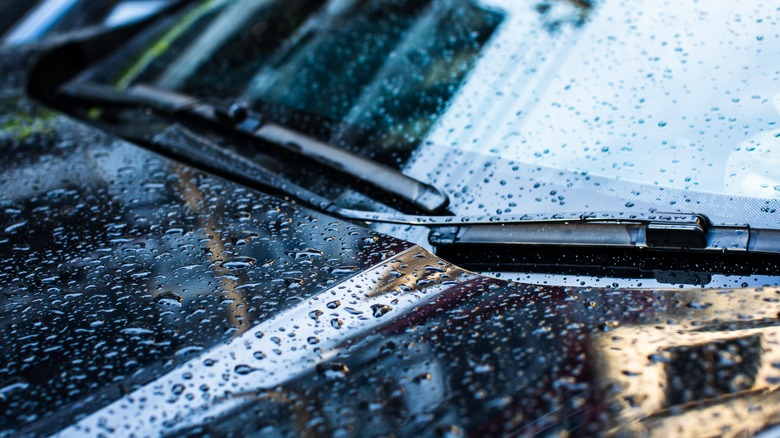 Black car with water droplets all over the hood and windshield