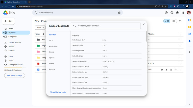 keyboard shortcuts cheat sheet in Drive