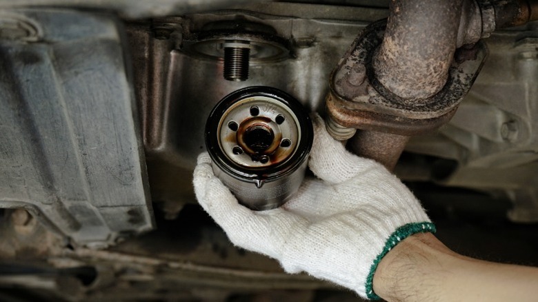 A closeup image of someone removing an oil filter that doesn't appear to have been changed in a long time