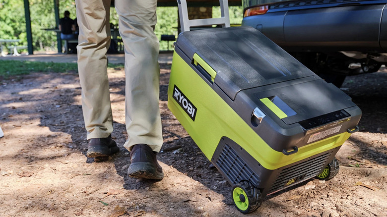 Person pulling an electric cooler at a park