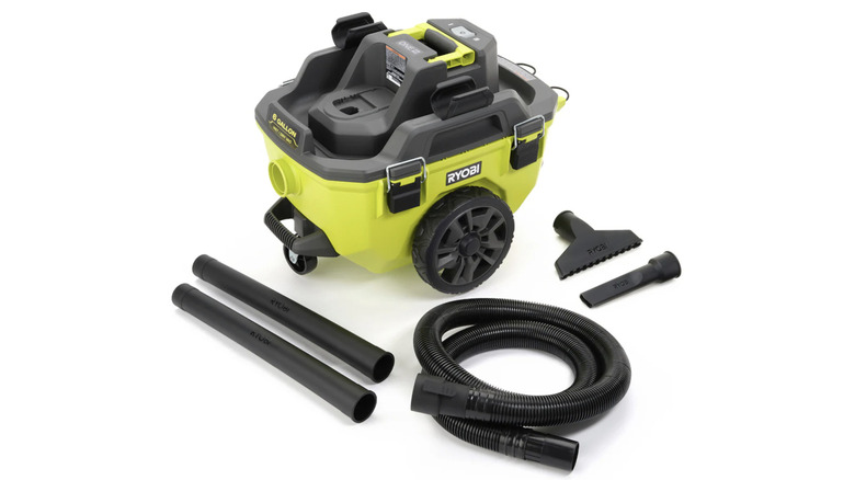 Ryobi wet/dry vacuum with accessories and a white background